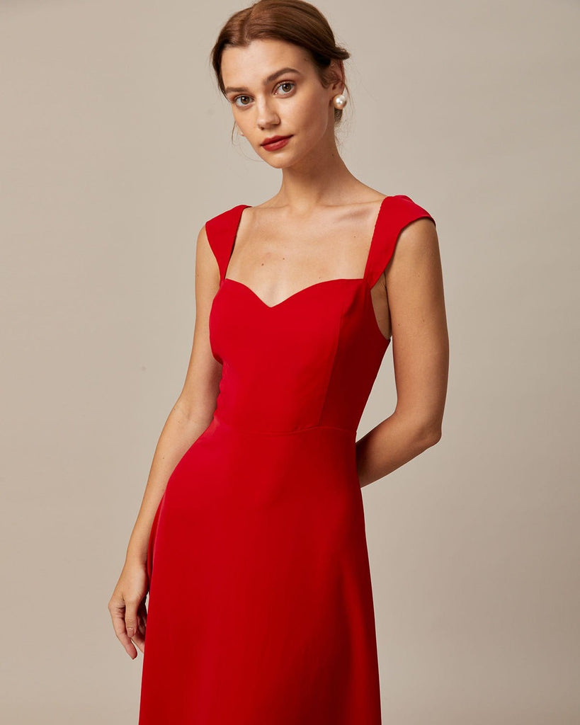 The Red Sweetheart Neck Midi Dress Dresses - RIHOAS