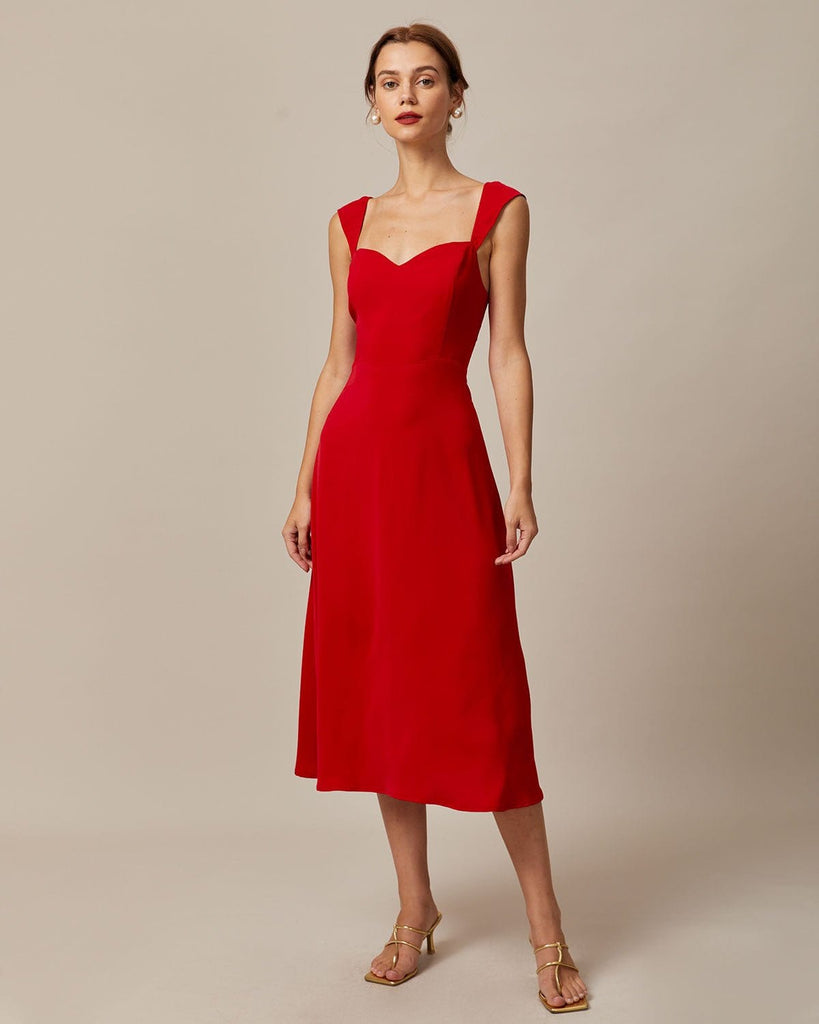 The Red Sweetheart Neck Midi Dress Red Dresses - RIHOAS