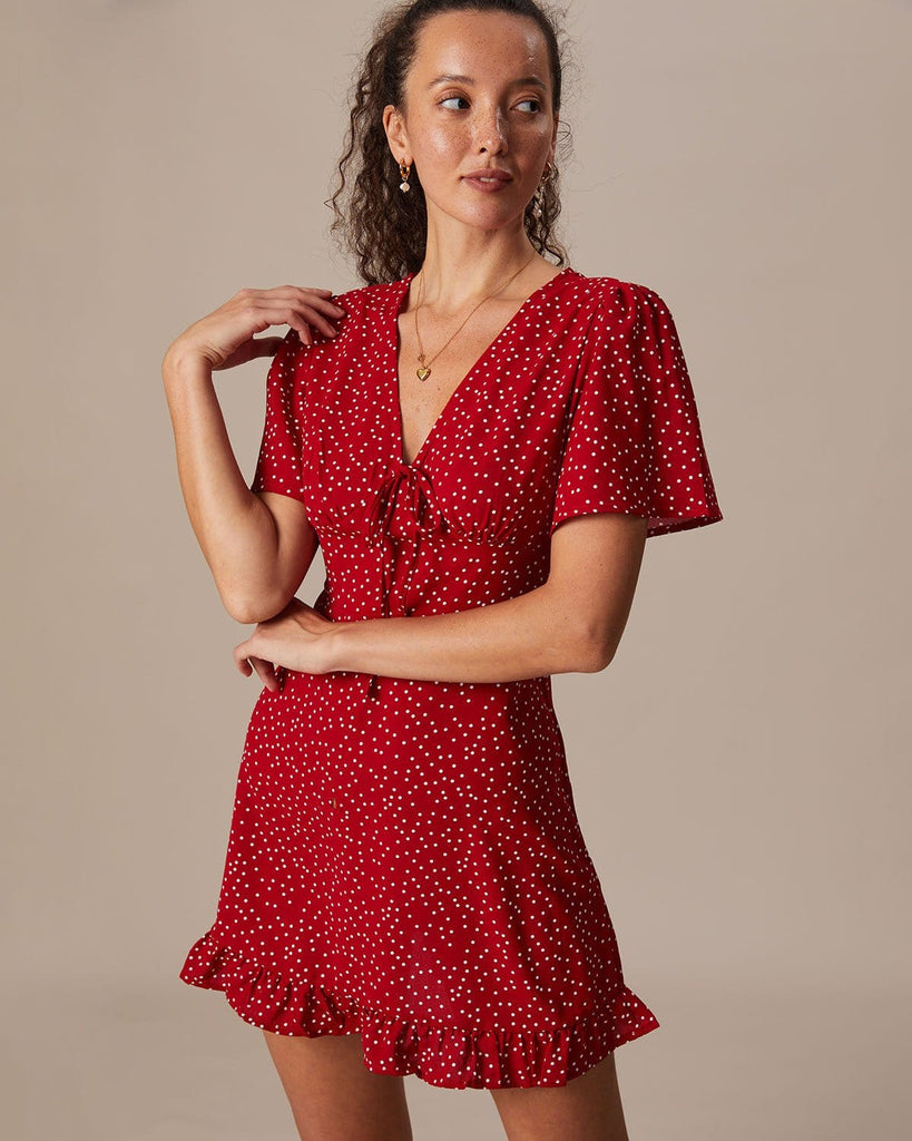 The Red V-Neck Polka Dot Mini Dress Red Dresses - RIHOAS