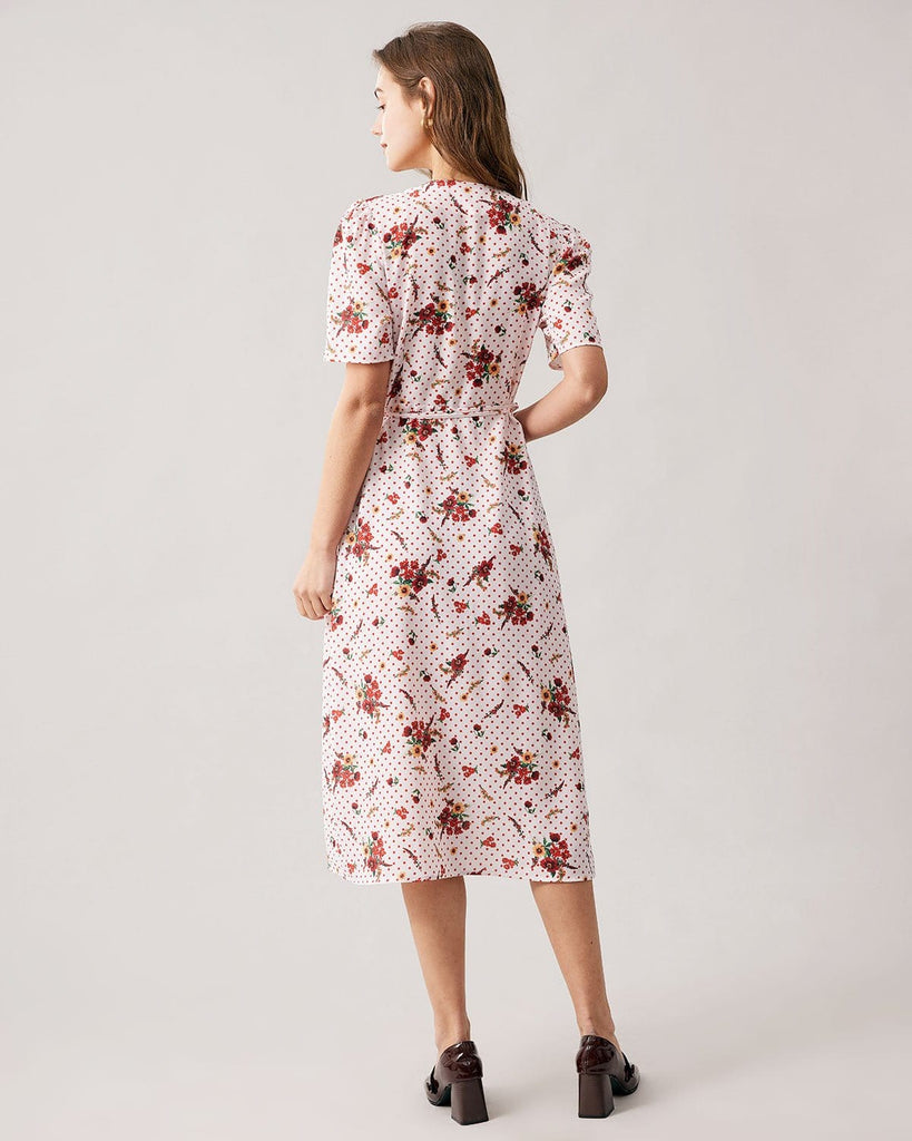 The Red V Neck Floral Polka Dot Wrap Midi Dress Dresses - RIHOAS