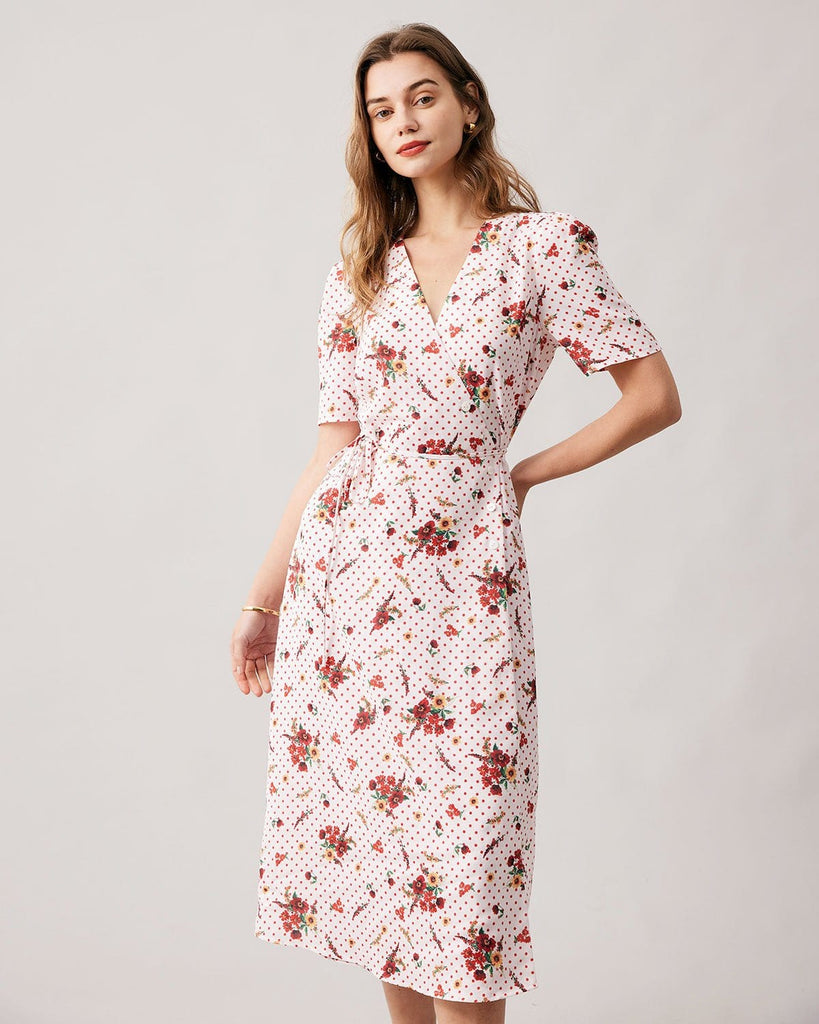 The Red V Neck Floral Polka Dot Wrap Midi Dress Red Dresses - RIHOAS