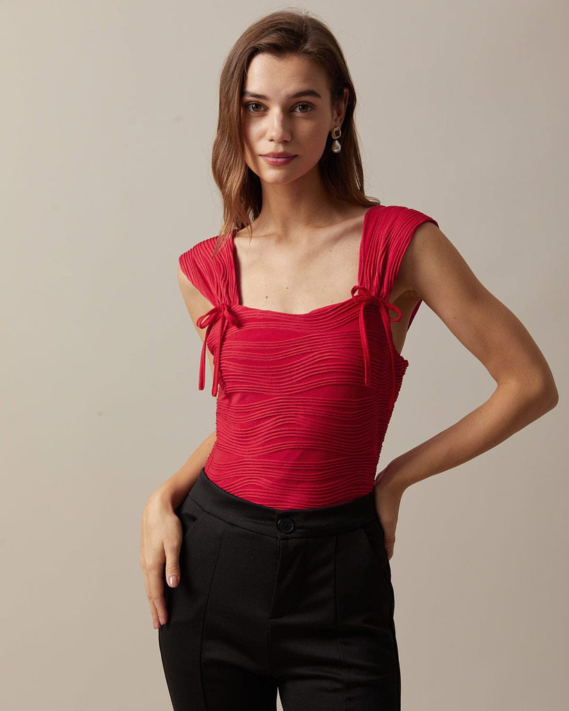 The Red Wave Textured Tie Tank Top Red Tops - RIHOAS
