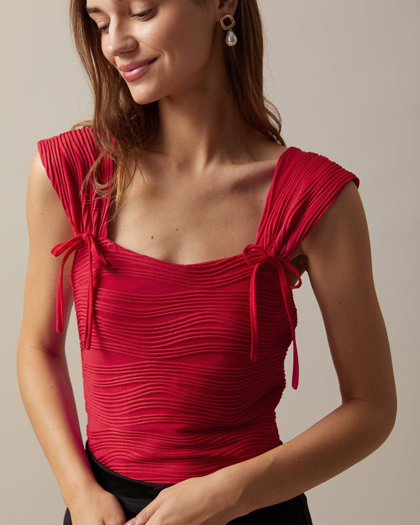 The Red Wave Textured Tie Tank Top Tops - RIHOAS