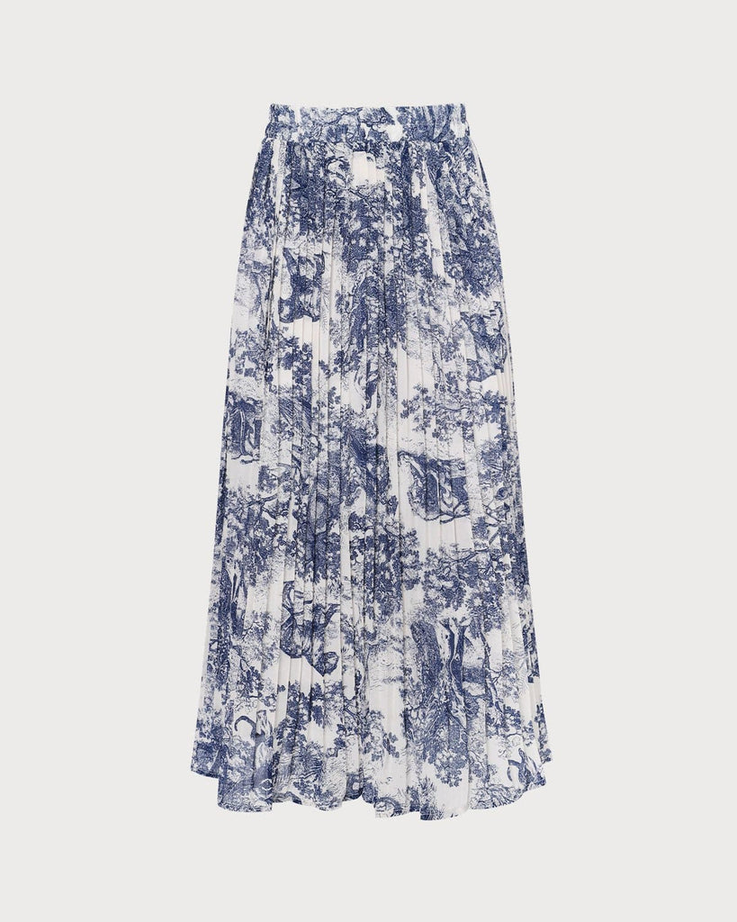 The Retro Floral Pleated Midi Skirt Blue Bottoms - RIHOAS