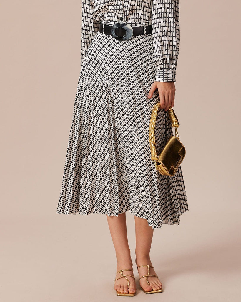 The Retro Geometric Print Pleated Skirt Black Bottoms - RIHOAS