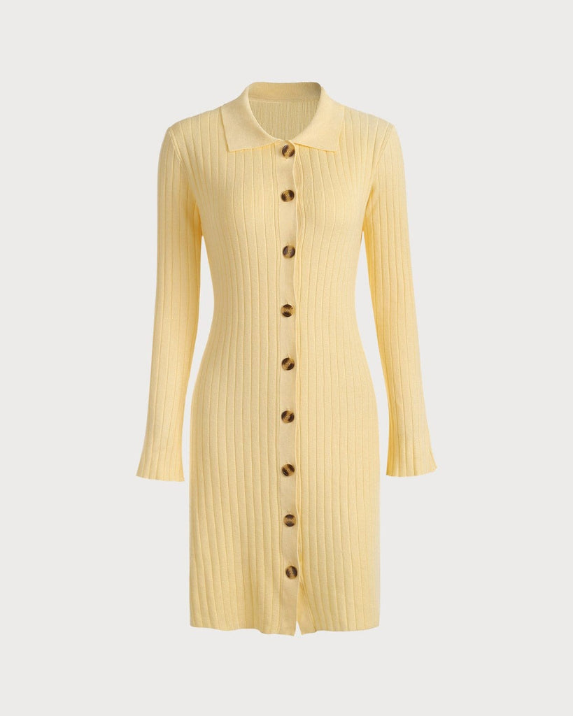 The Ribbed Knit Flare Sleeve Mini Dress Yellow Dresses - RIHOAS