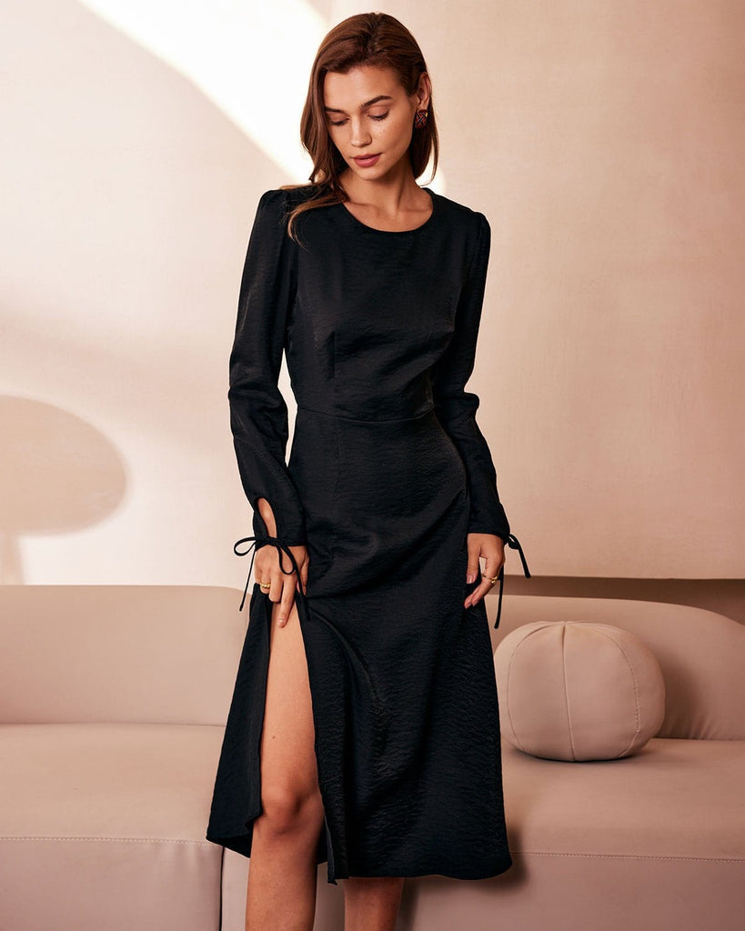 The Round Neck Backless Tie Midi Dress Black Dresses - RIHOAS