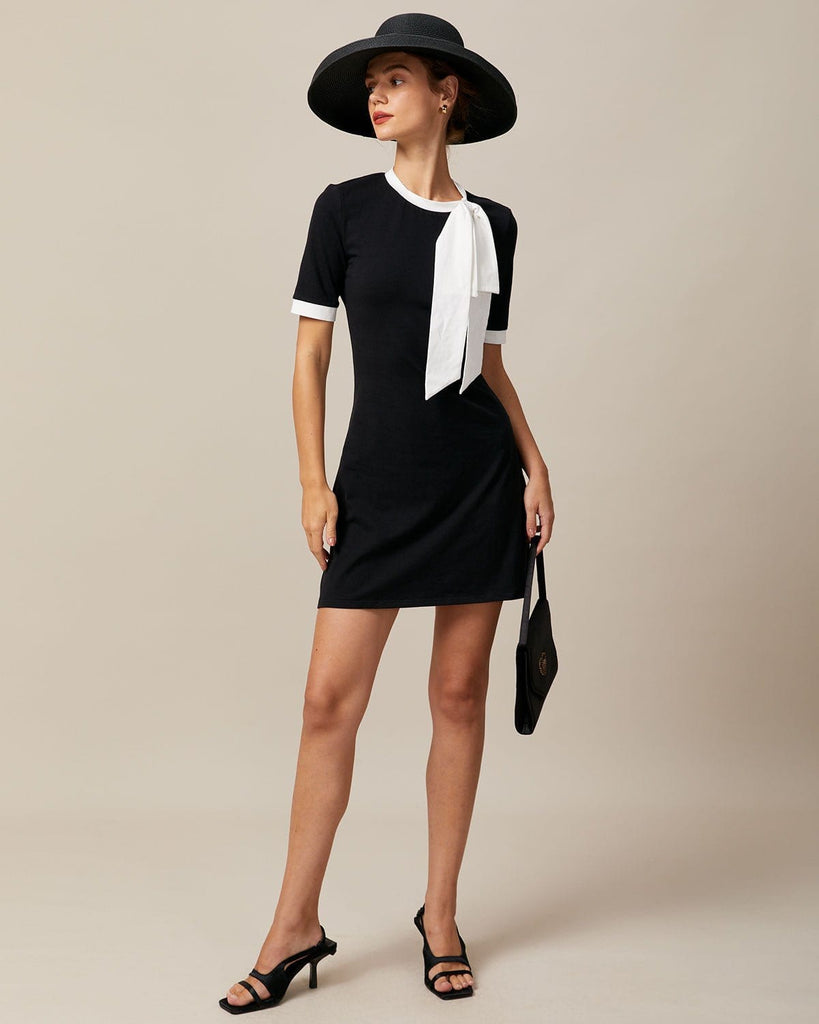 The Round Neck Bowknot Dress Black Dresses - RIHOAS