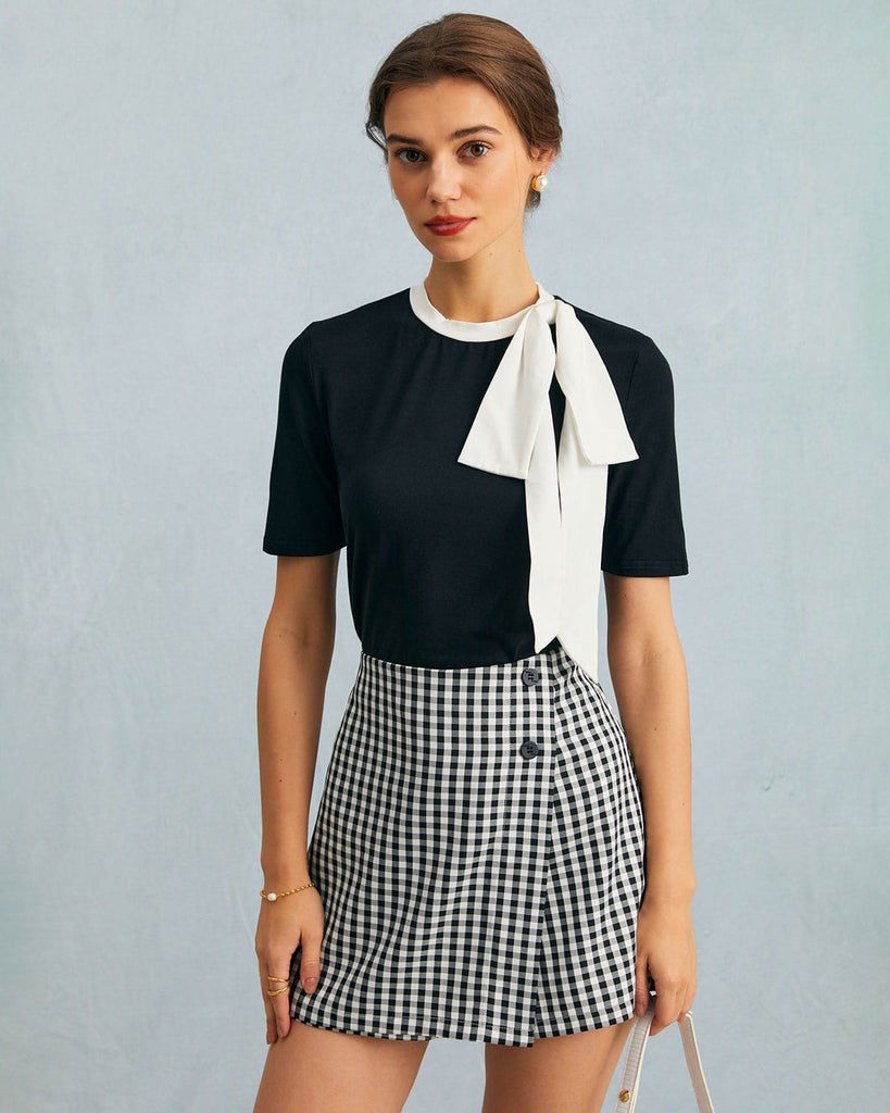 The Round Neck Bowknot Top Black Tops - RIHOAS