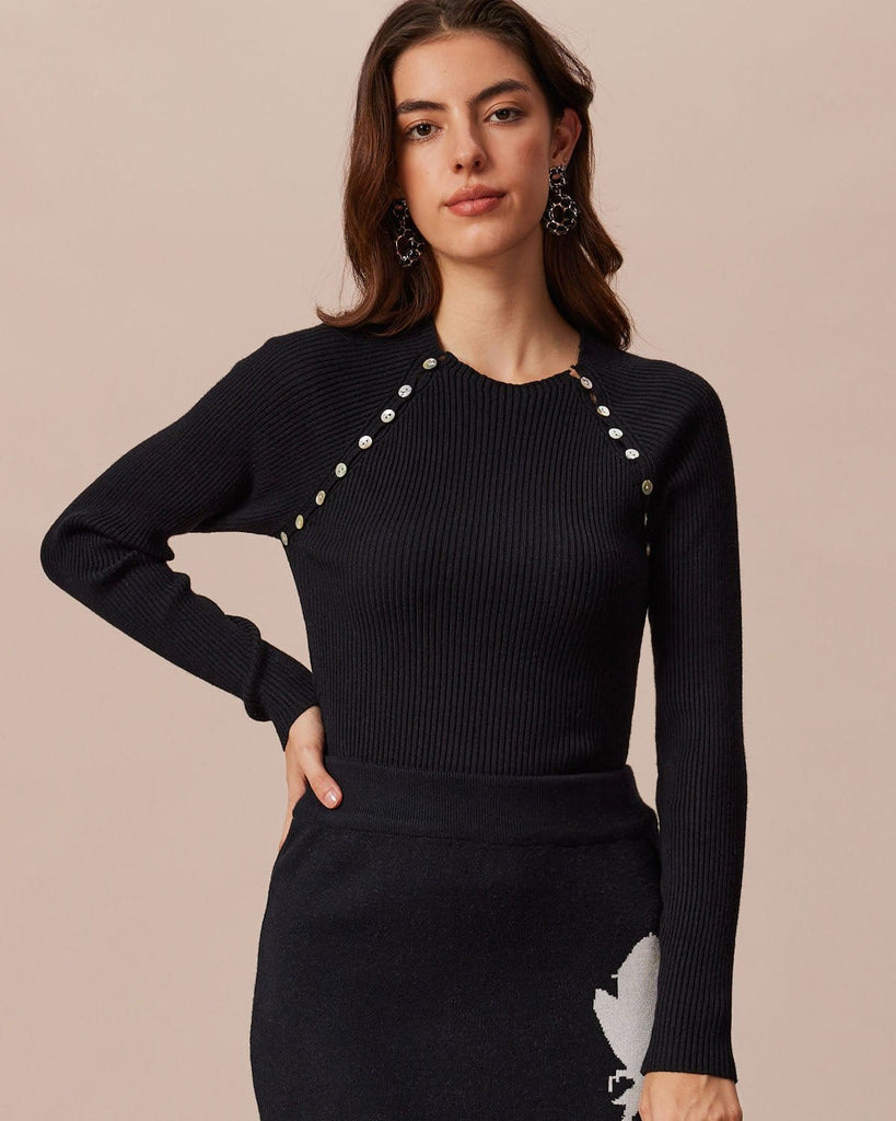 The Round Neck Button Knit Top Black Tops - RIHOAS
