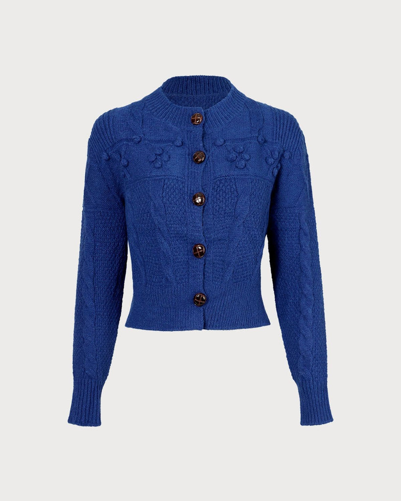 The Round Neck Cable Ribbed Cardigan Blue Tops - RIHOAS