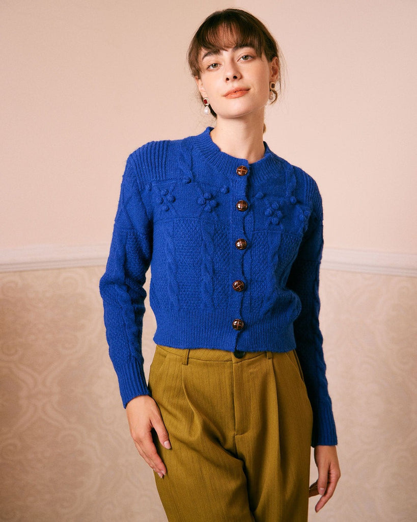 The Round Neck Cable Ribbed Cardigan Tops - RIHOAS