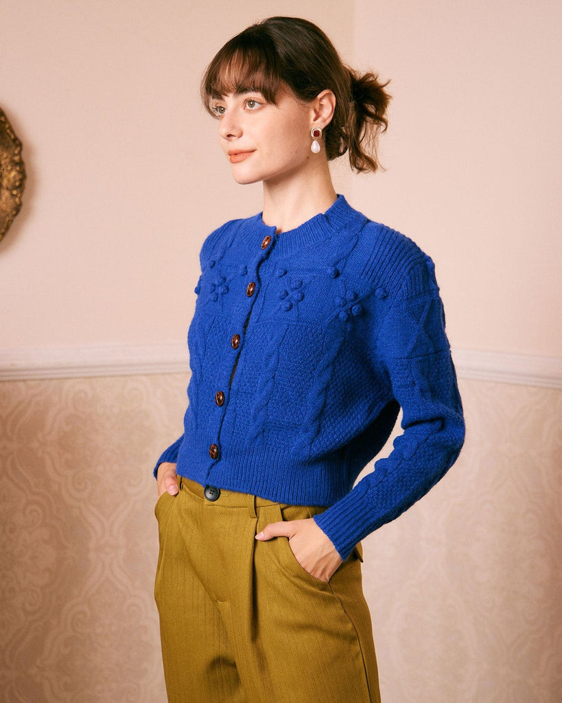 The Round Neck Cable Ribbed Cardigan Tops - RIHOAS