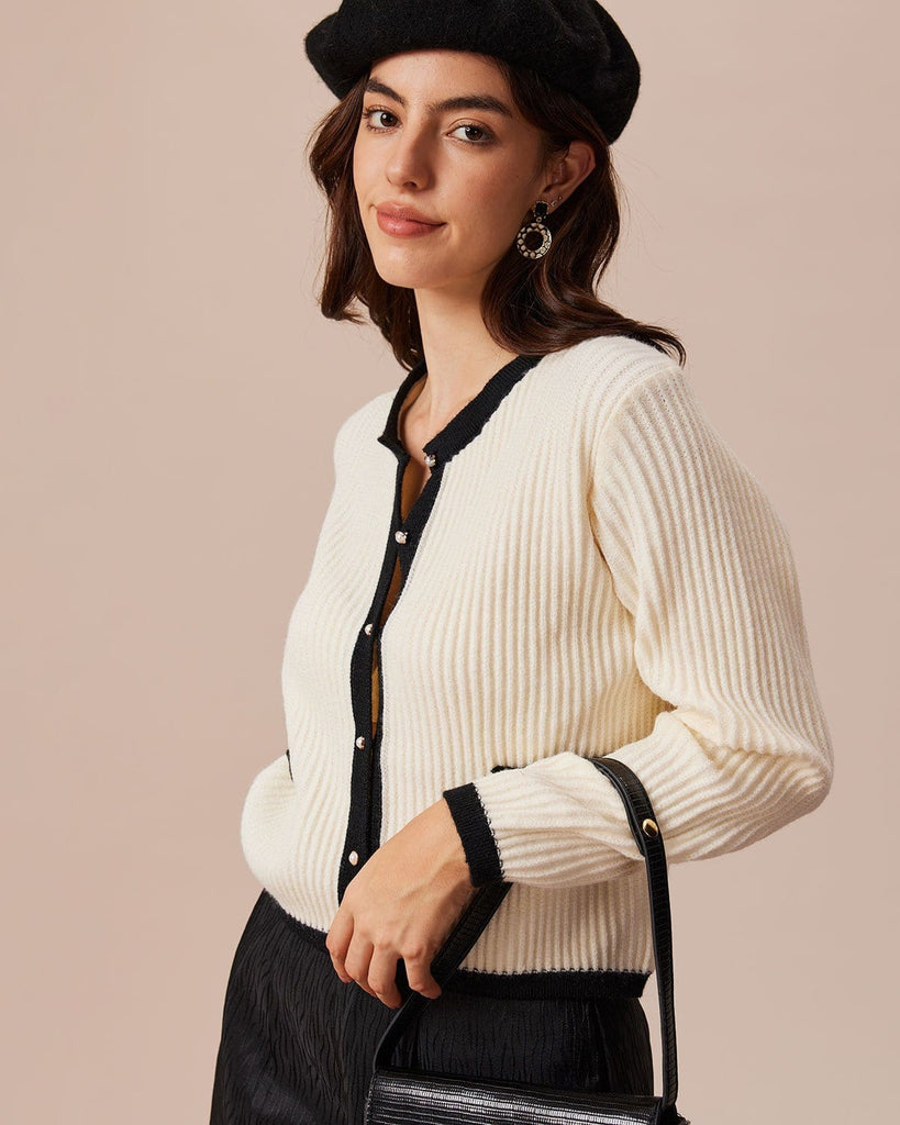 The Round Neck Contrast Trim Cardigan Tops - RIHOAS