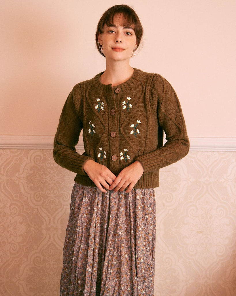 The Round Neck Embroidery Cardigan Brown Tops - RIHOAS