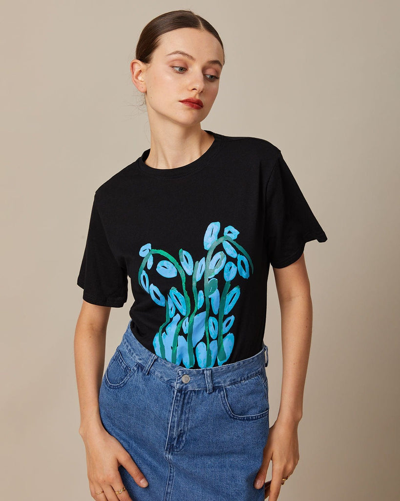 The Round Neck Floral Print Tee Black Tops - RIHOAS