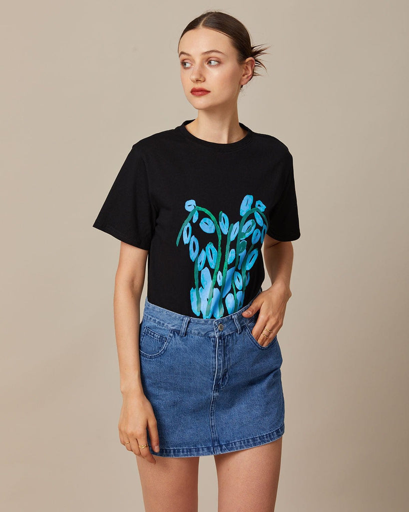 The Round Neck Floral Print Tee Tops - RIHOAS
