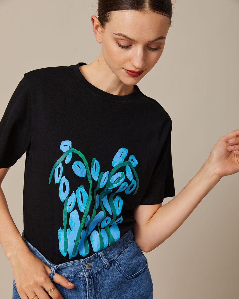The Round Neck Floral Print Tee Tops - RIHOAS