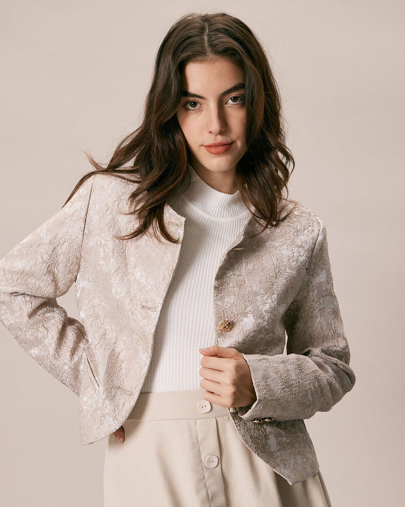 The Round Neck Jacquard Jacket Apricot Outerwear - RIHOAS