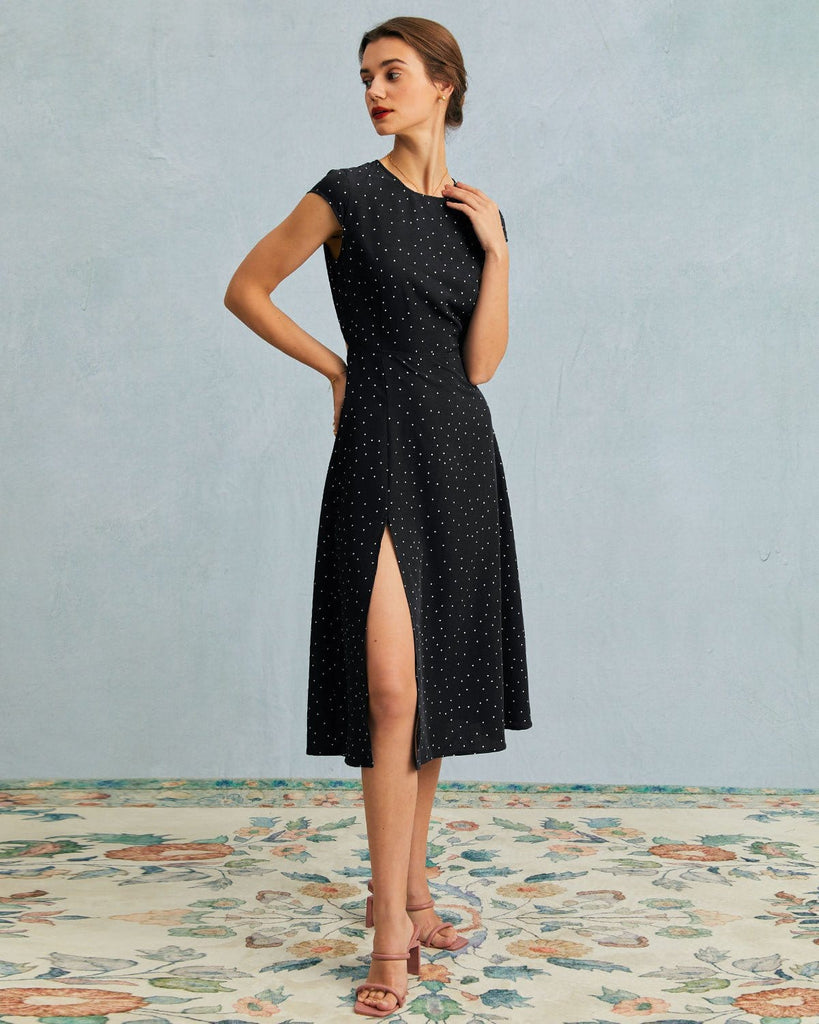 The Round Neck Polka Dot Dress Black Dresses - RIHOAS