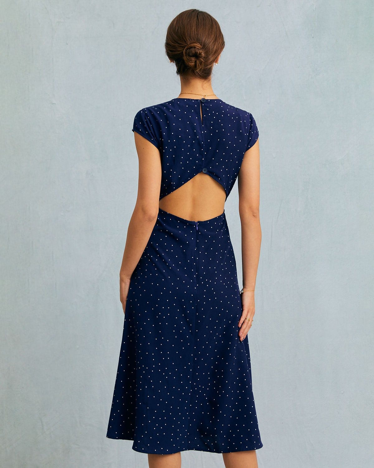 The Navy Round Neck Polka Dot Cutout Midi Dress - Round Neck Prom Summer Solid Color Dresses - Navy - Dresses | RIHOAS The Navy Round Neck Polka Dot Cutout Midi Dress - Round Neck Prom Summer Solid Color Dresses - Navy - Dresses | RIHOAS