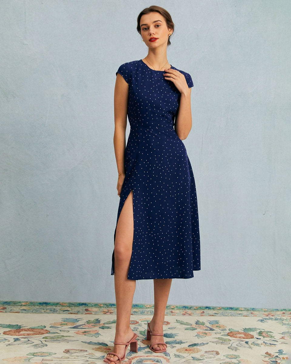 The Navy Round Neck Polka Dot Cutout Midi Dress - Round Neck Prom ...