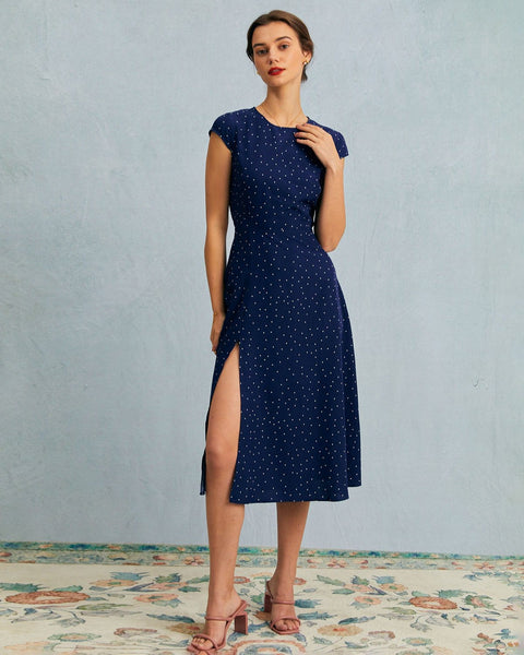 Navy polka dot midi dress on sale