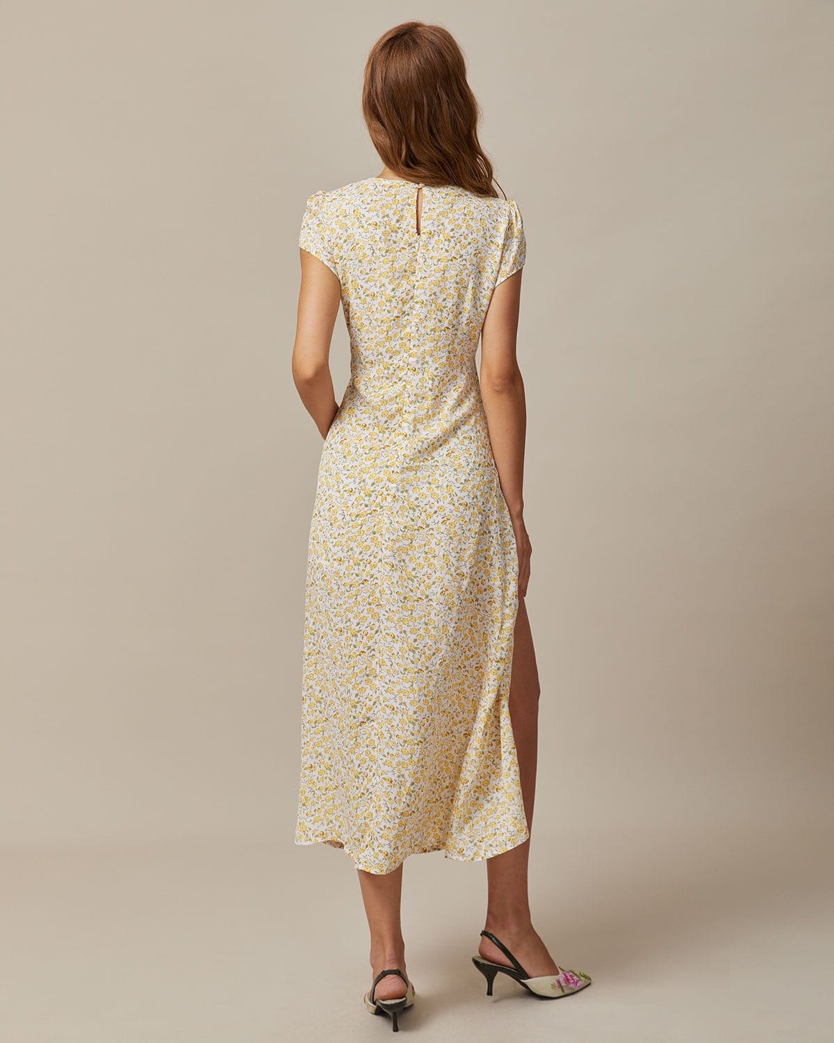The Yellow Round Neck Floral Midi Dress & Reviews - Yellow
