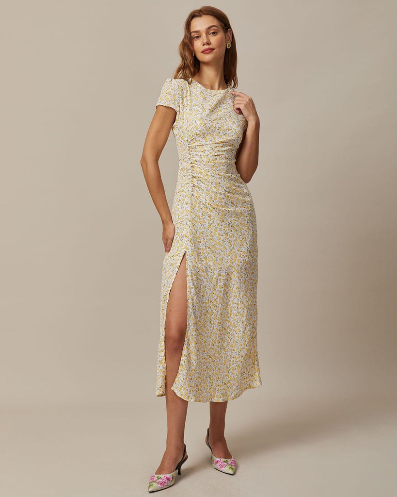 The Round Neck Ruched Floral Dress Yellow Dresses - RIHOAS