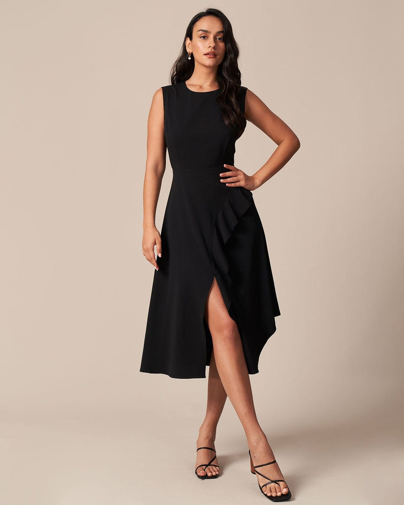 The Round Neck Ruffle Slit Dress Black Dresses - RIHOAS