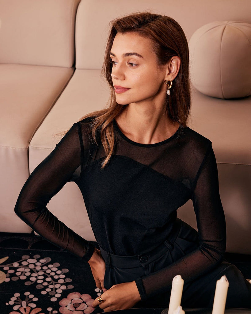 The Round Neck Sheer Long Sleeve Top Tops - RIHOAS