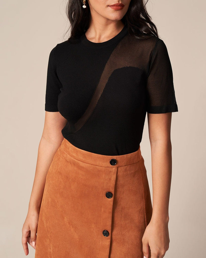 The Round Neck Spliced Sheer Knit Top Tops - RIHOAS