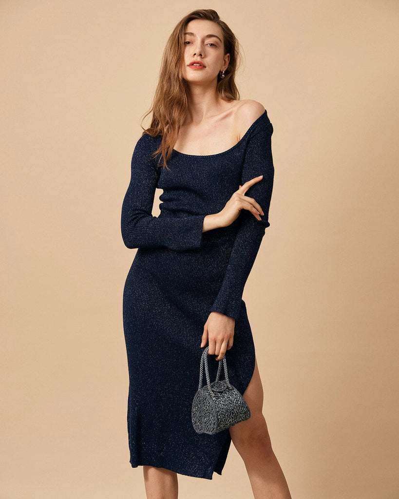 The Round Neck Split Hem Sweater Dress Dresses - RIHOAS