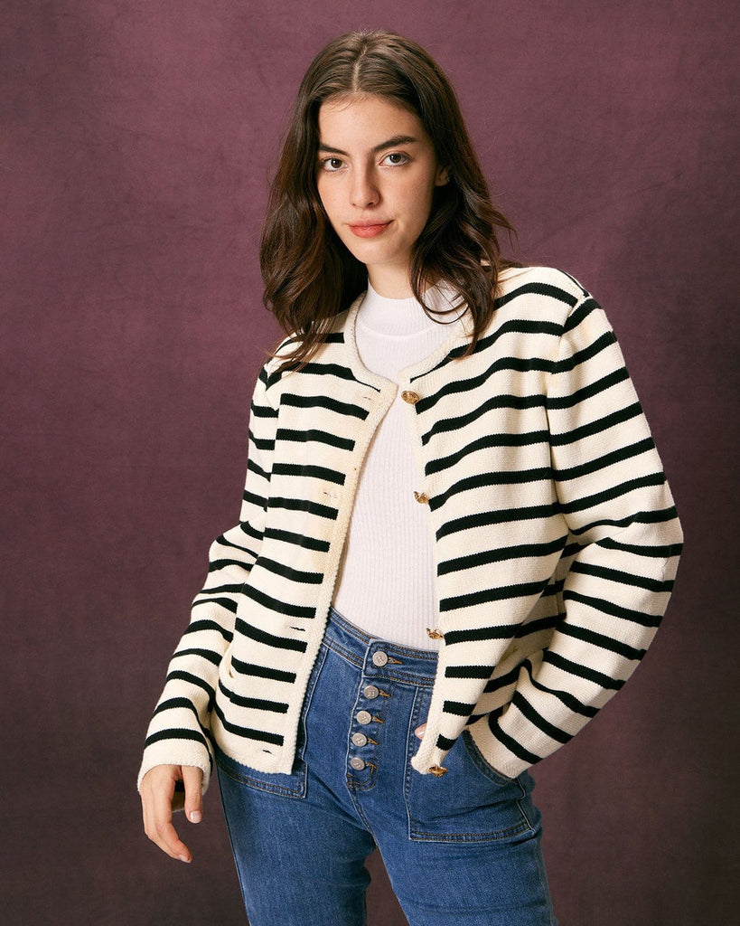 The Round Neck Striped Cardigan Beige Tops - RIHOAS
