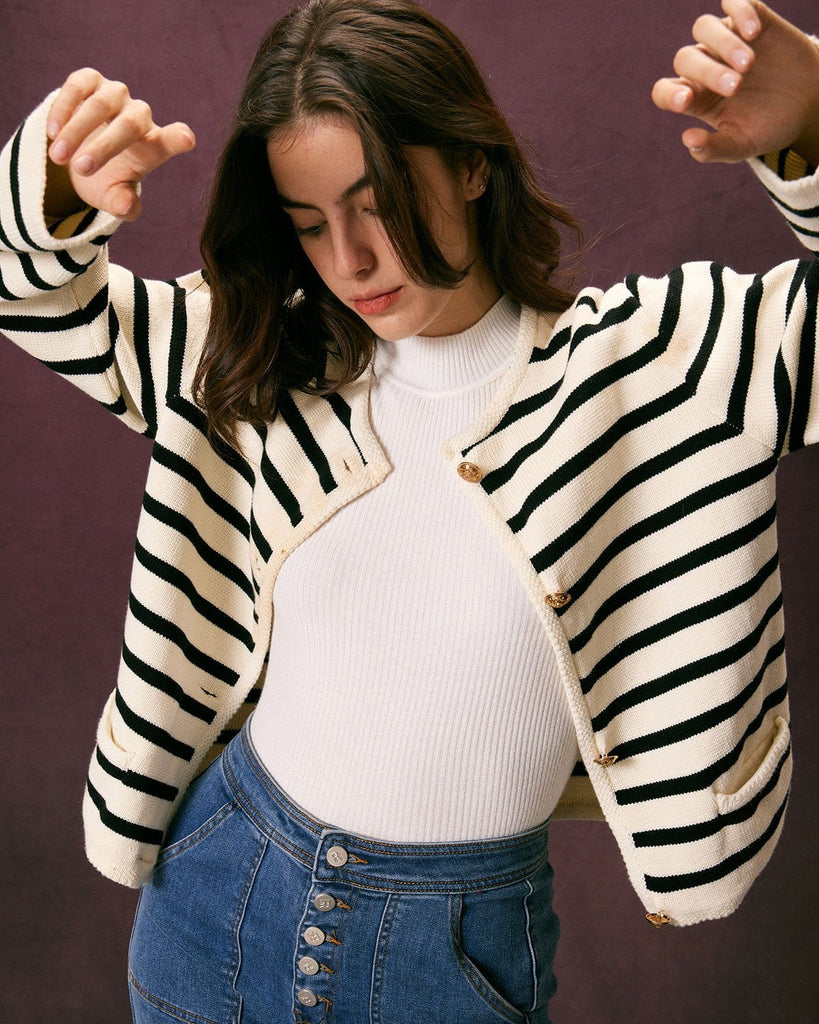 The Round Neck Striped Cardigan Tops - RIHOAS