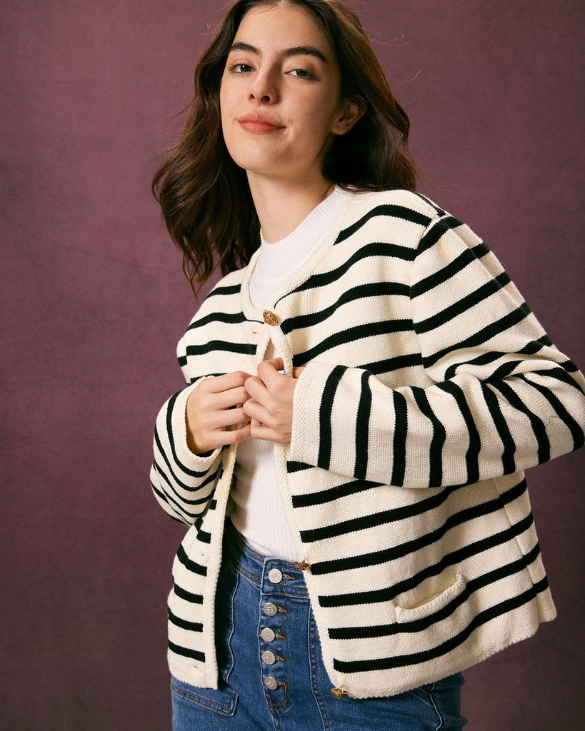 The Round Neck Striped Cardigan Tops - RIHOAS