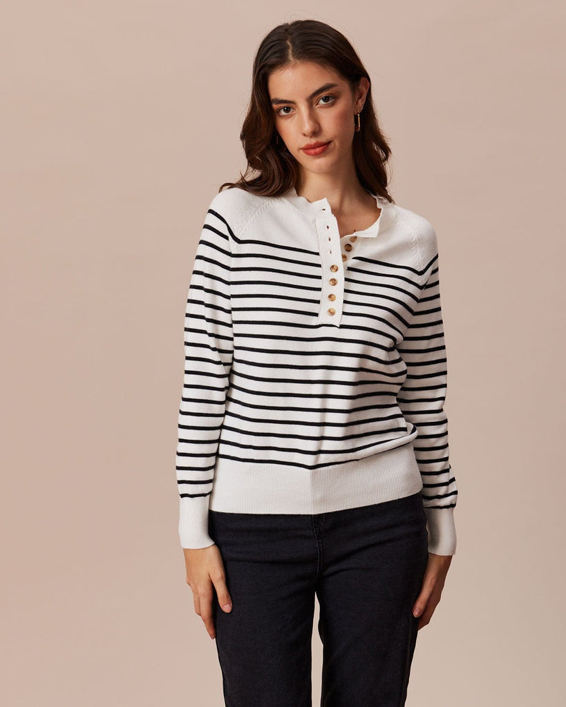 The Round Neck Striped Sweater Tops - RIHOAS