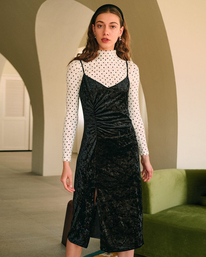 The Ruched Side Split Velvet Dress Black Dresses - RIHOAS