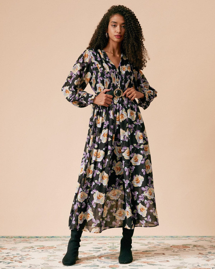 The Ruffle Floral Midi Dress Black Dresses - RIHOAS