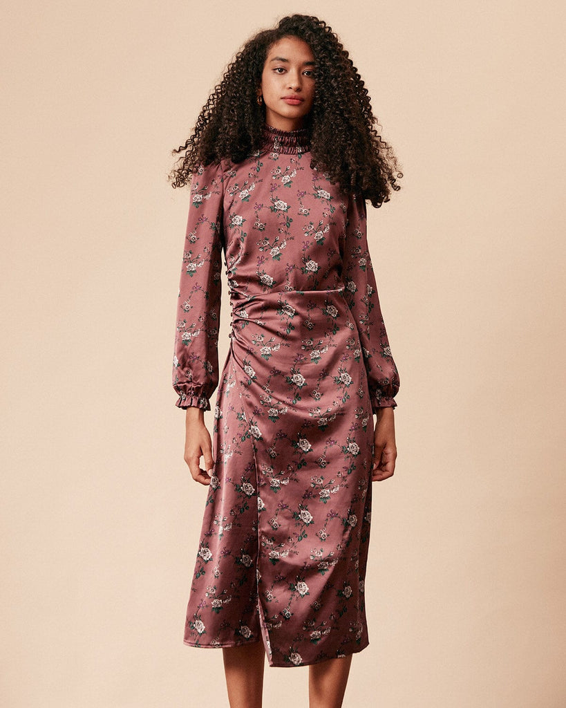 The Satin Floral Ruched Midi Dress Brown Dresses - RIHOAS