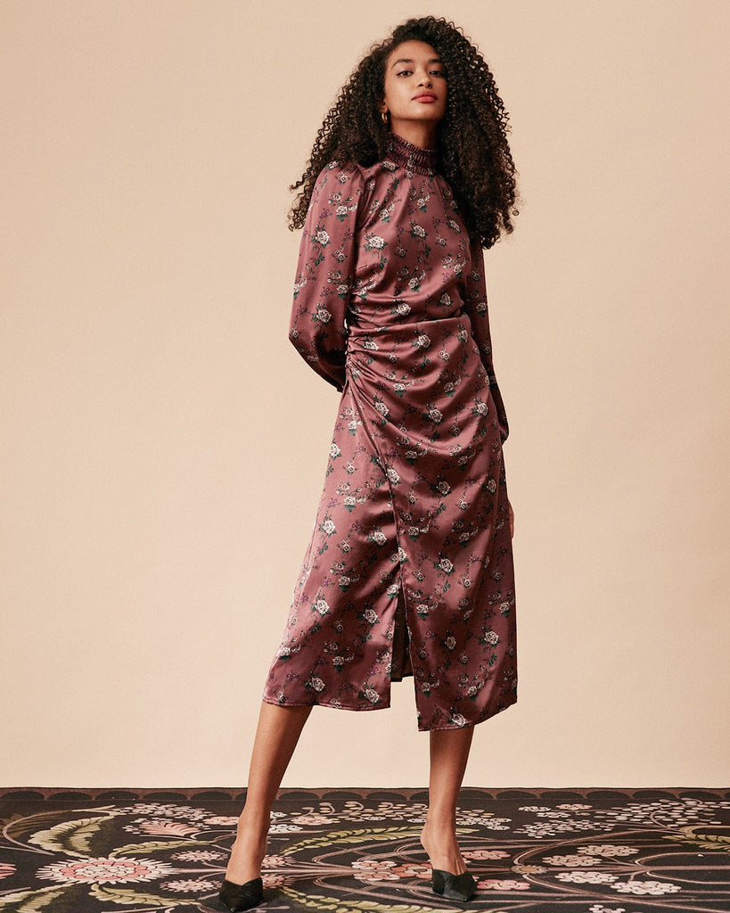 The Satin Floral Ruched Midi Dress Dresses - RIHOAS