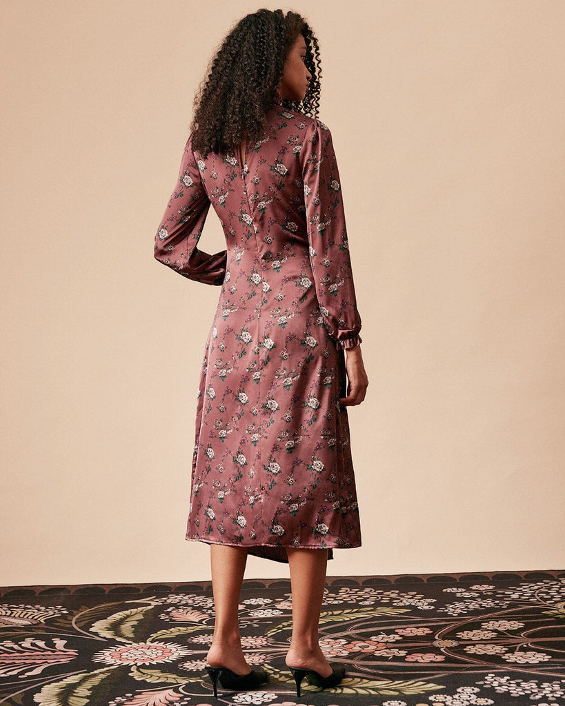 The Satin Floral Ruched Midi Dress Dresses - RIHOAS