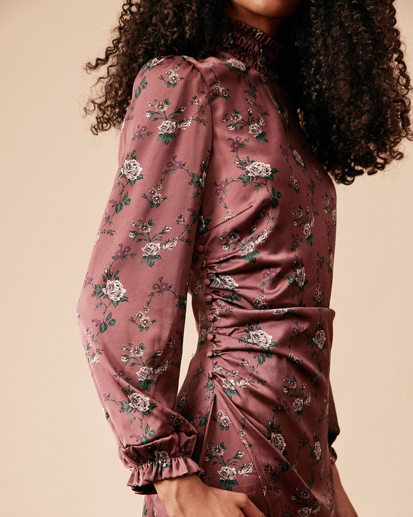 The Satin Floral Ruched Midi Dress Dresses - RIHOAS