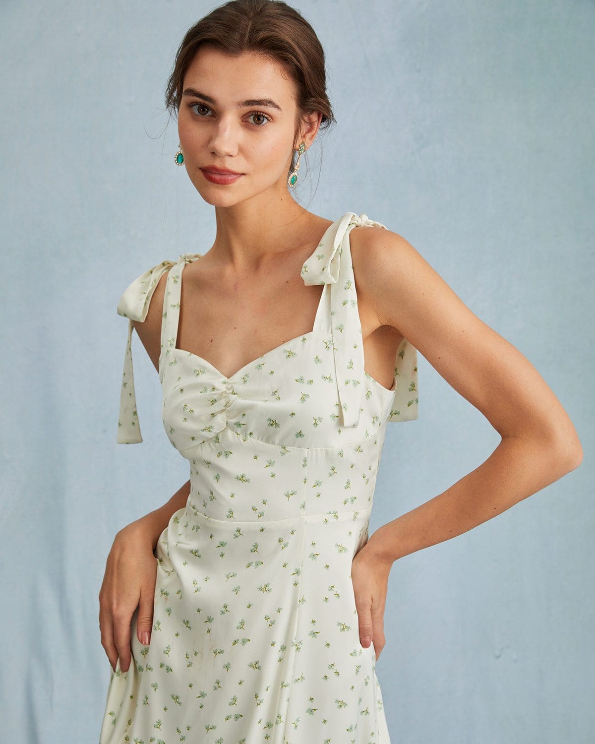 The Light Green Satin Floral Tie Strap Slit Midi Dress - Floral