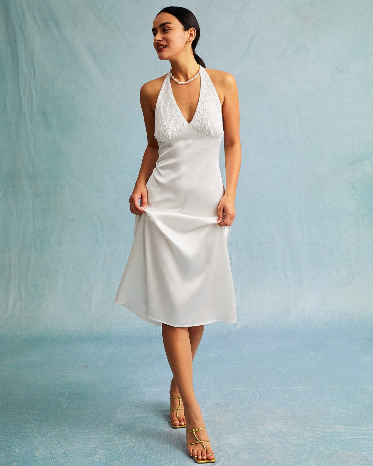The White Halter Spliced Ruched Satin Midi Dress