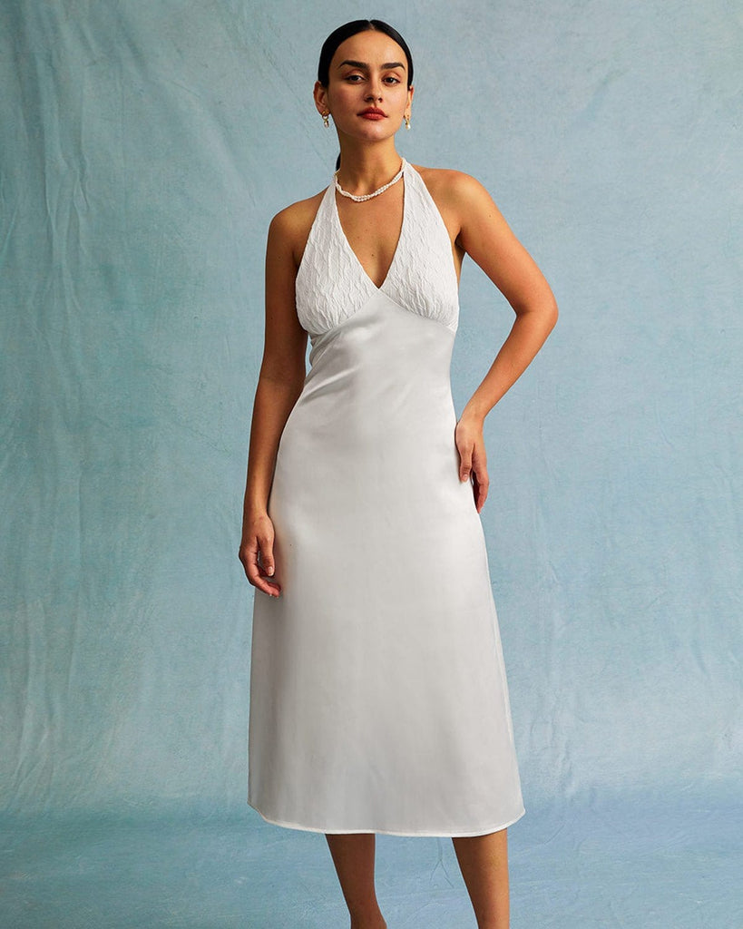 The Satin Halter Midi Dress White Dresses - RIHOAS