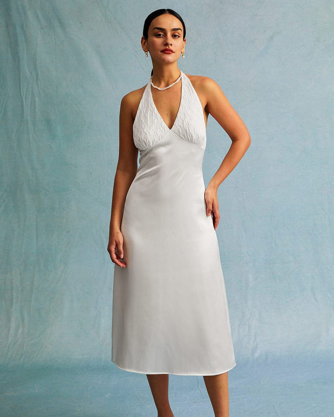 The White Halter Spliced Ruched Satin Midi Dress - White Satin V Neck  Backless Prom Dresses - White - Dresses