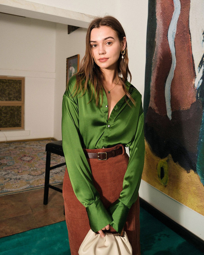 The Satin Long Sleeve V Neck Blouses Tops - RIHOAS