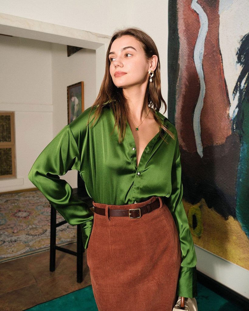 The Satin Long Sleeve V Neck Blouses Tops - RIHOAS