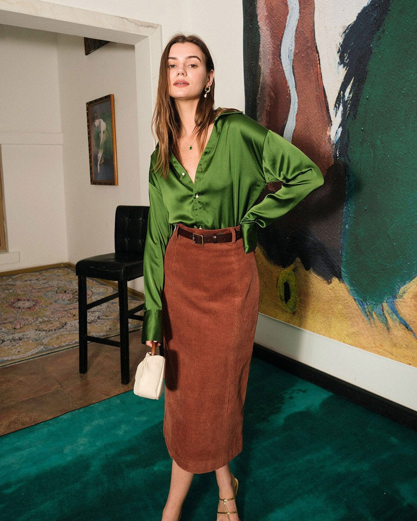 The Satin Long Sleeve V Neck Blouses Tops - RIHOAS